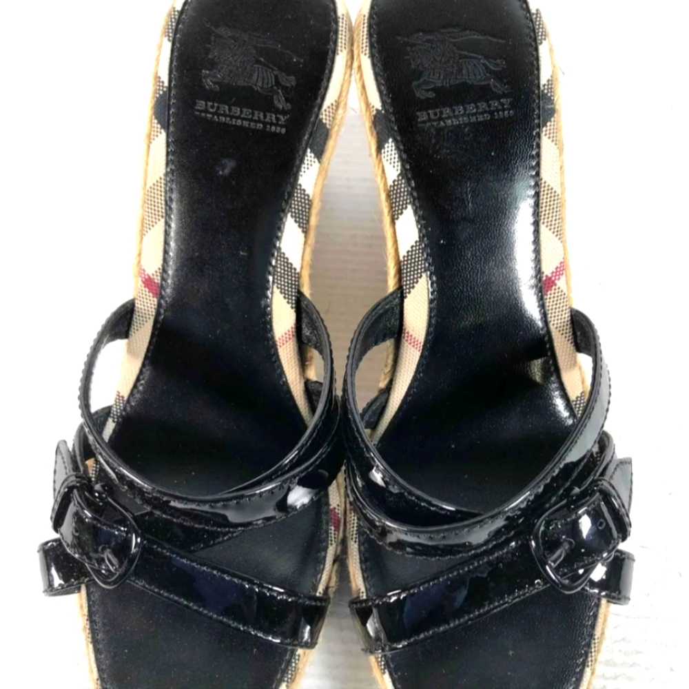 Burberry Womens Nova Check Black Leather Italy Slip On Wedge Heel Sandals Sz 39 - Picture 6 of 9